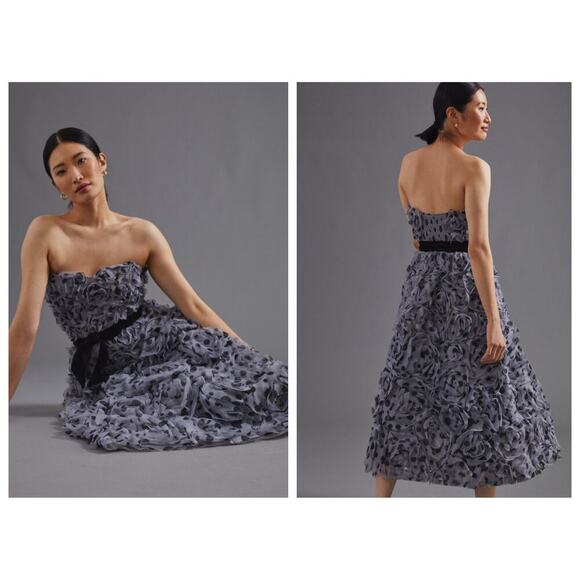 ANTHROPOLOGIE Geisha Designs Appliqued Tulle Strapless Midi Dress Size 8 Petite - Picture 2 of 8